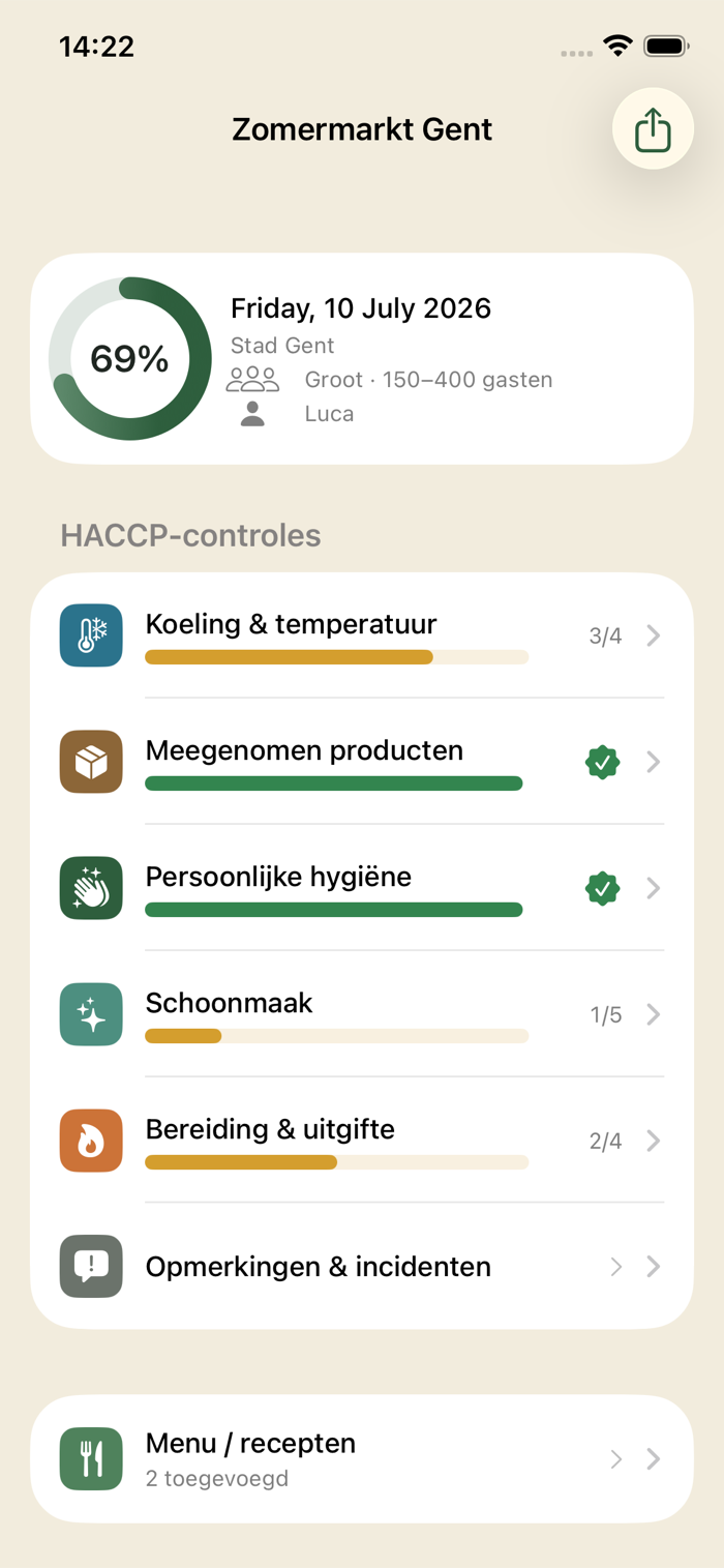 Dagcontrole per sectie in de Certo-app